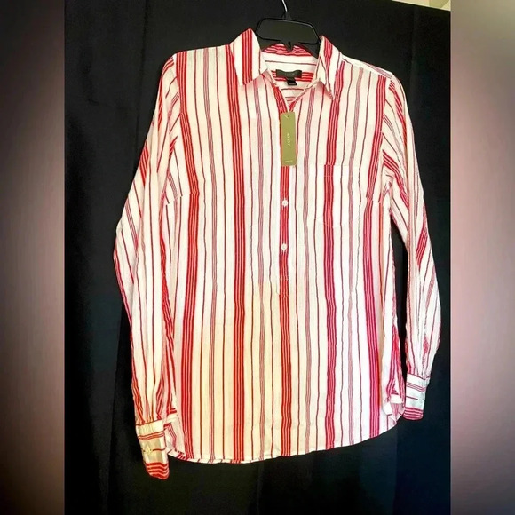 J CREW Woman’s Red & White Striped Long Sleeve Blouse New Size 4 Tunic Cotton - Picture 1 of 7